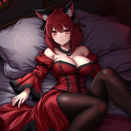 A captivating gothic anime girl, Kitsune, with shoulder-length red hair gracefully framing her face