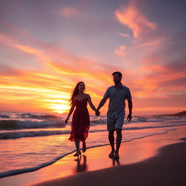 A couple walking hand-in-hand on a picturesque beach during sunset