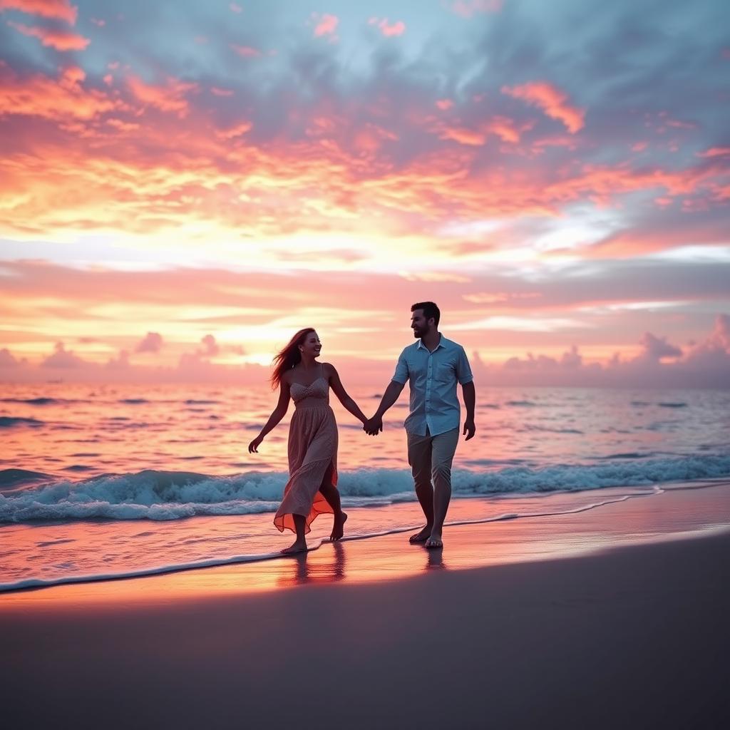 A couple walking hand-in-hand on a picturesque beach during sunset