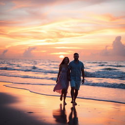 A couple walking hand-in-hand on a picturesque beach during sunset