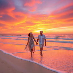 A couple walking hand-in-hand on a picturesque beach during sunset