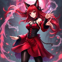 A mesmerizing gothic anime girl, Kitsune, with shoulder-length red hair elegantly flowing around her