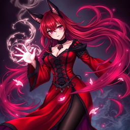 A mesmerizing gothic anime girl, Kitsune, with shoulder-length red hair elegantly flowing around her