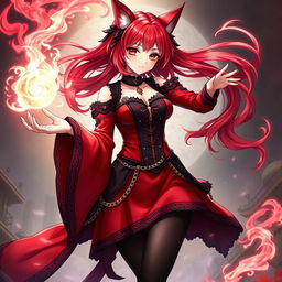 A mesmerizing gothic anime girl, Kitsune, with shoulder-length red hair elegantly flowing around her