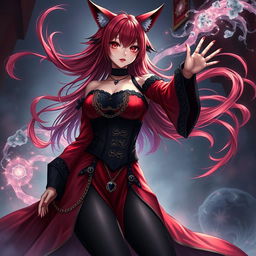 A mesmerizing gothic anime girl, Kitsune, with shoulder-length red hair elegantly flowing around her