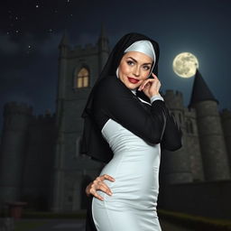 A sexy nun with a playful expression, wearing a fitted and alluring version of a traditional nun's habit, standing confidently in front of a dark, gothic castle at night