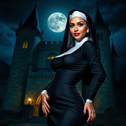 A sexy nun with a playful expression, wearing a fitted and alluring version of a traditional nun's habit, standing confidently in front of a dark, gothic castle at night