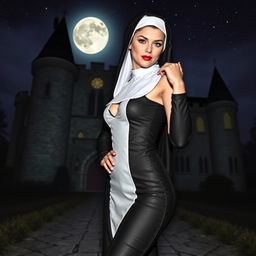 A sexy nun with a playful expression, wearing a fitted and alluring version of a traditional nun's habit, standing confidently in front of a dark, gothic castle at night