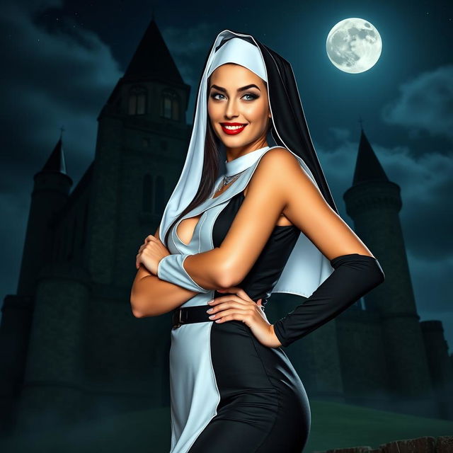 A sexy nun with a playful expression, wearing a fitted and alluring version of a traditional nun's habit, standing confidently in front of a dark, gothic castle at night