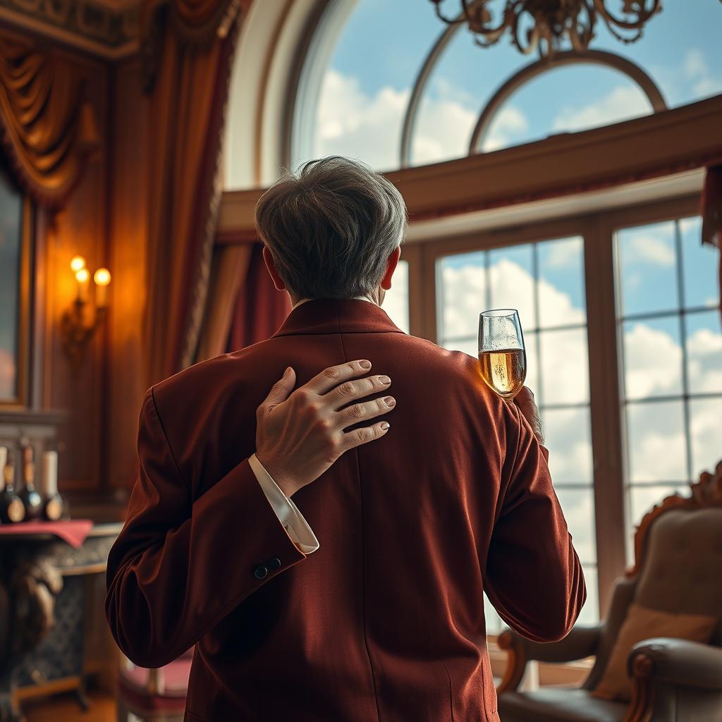 A wealthy person expressing gratitude without a visible face, showcasing a luxurious setting