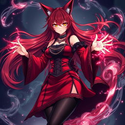 A captivating gothic anime girl, Kitsune, with shoulder-length red hair flowing elegantly around her