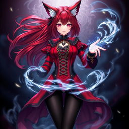 A captivating gothic anime girl, Kitsune, with shoulder-length red hair flowing elegantly around her