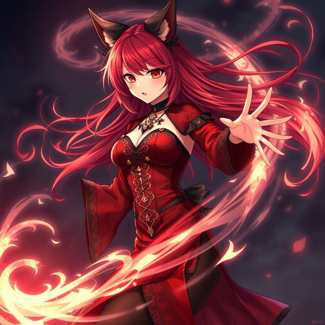 A captivating gothic anime girl, Kitsune, with shoulder-length red hair flowing elegantly around her