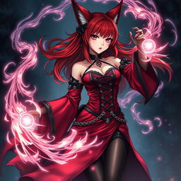 A captivating gothic anime girl, Kitsune, with shoulder-length red hair flowing elegantly around her