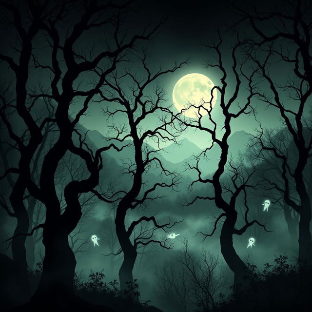 A haunting and eerie wallpaper design that features a dark forest with twisted trees, shrouded in mist