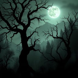 A haunting and eerie wallpaper design that features a dark forest with twisted trees, shrouded in mist