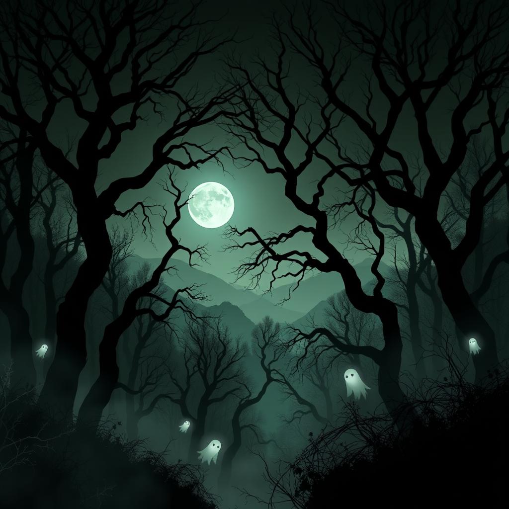 A haunting and eerie wallpaper design that features a dark forest with twisted trees, shrouded in mist