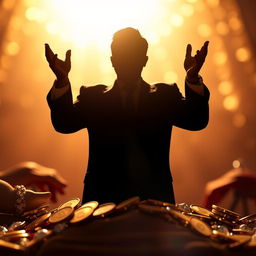 A symbolic representation of a wealthy person expressing gratitude, depicted as a silhouette without a face
