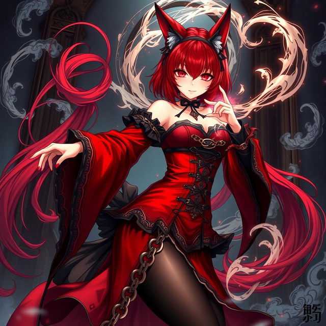 A stunning gothic anime girl, Kitsune, featuring shoulder-length red hair that flows elegantly