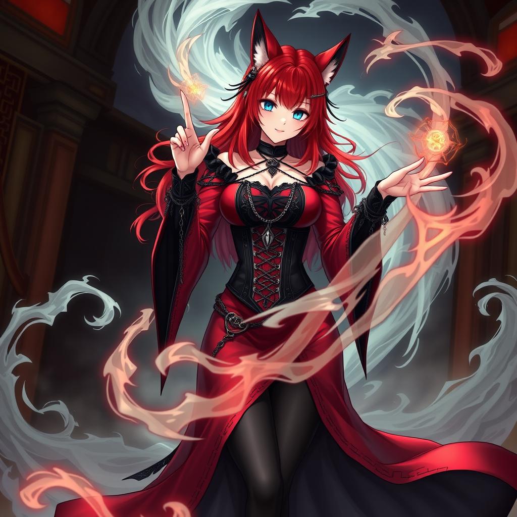 A stunning gothic anime girl, Kitsune, featuring shoulder-length red hair that flows elegantly