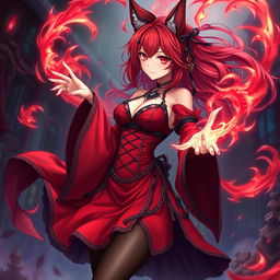 A stunning gothic anime girl, Kitsune, featuring shoulder-length red hair that flows elegantly