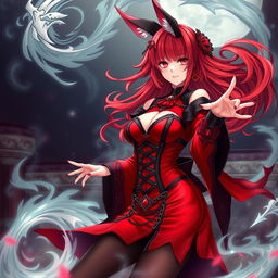 A stunning gothic anime girl, Kitsune, featuring shoulder-length red hair that flows elegantly