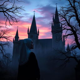 A thoughtful nun looking at a dark Transylvania-style castle during dusk