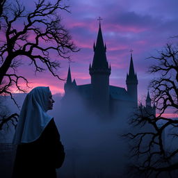 A thoughtful nun looking at a dark Transylvania-style castle during dusk