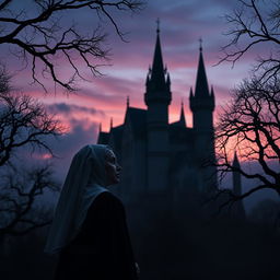 A thoughtful nun looking at a dark Transylvania-style castle during dusk