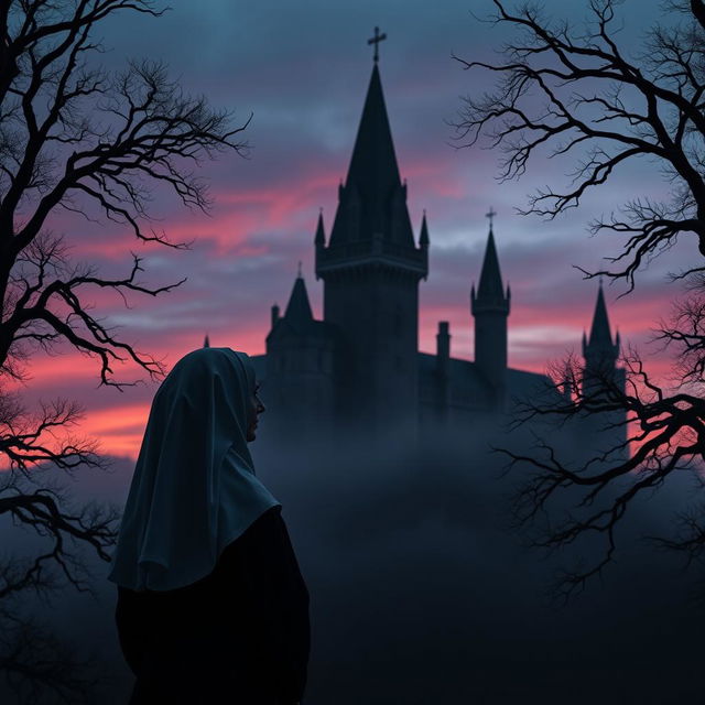 A thoughtful nun looking at a dark Transylvania-style castle during dusk