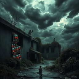 A surreal and unsettling wallpaper featuring twisted landscapes with distorted, melting objects, eerie shadows, and haunting figures lurking in the background