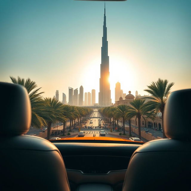 A captivating view from a luxury car's back window showcasing the stunning skyline of Dubai