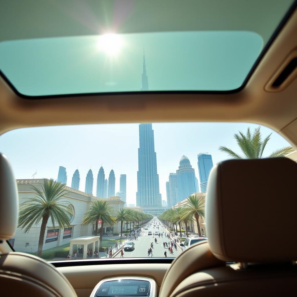 A captivating view from a luxury car's back window showcasing the stunning skyline of Dubai