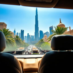 A captivating view from a luxury car's back window showcasing the stunning skyline of Dubai