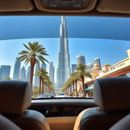 A captivating view from a luxury car's back window showcasing the stunning skyline of Dubai