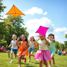 A joyful scene in a vibrant park on a sunny day, showcasing children playing with colorful kites, laughing and running around