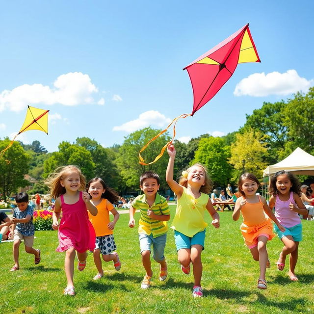 A joyful scene in a vibrant park on a sunny day, showcasing children playing with colorful kites, laughing and running around