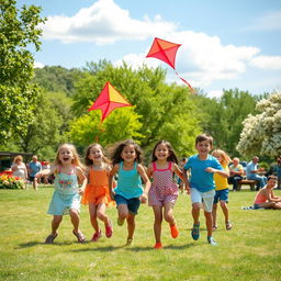 A joyful scene in a vibrant park on a sunny day, showcasing children playing with colorful kites, laughing and running around