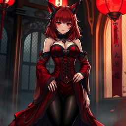 A seductive gothic anime girl, Kitsune, characterized by her shoulder-length red hair that cascades beautifully