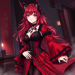 A seductive gothic anime girl, Kitsune, characterized by her shoulder-length red hair that cascades beautifully