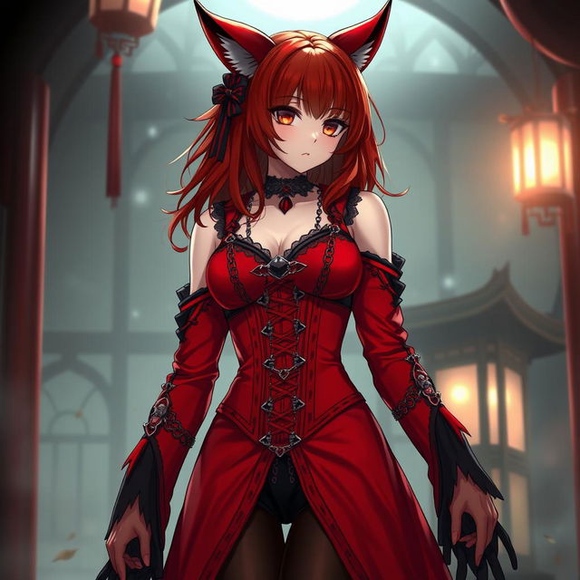 A seductive gothic anime girl, Kitsune, characterized by her shoulder-length red hair that cascades beautifully