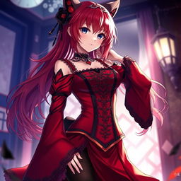 A seductive gothic anime girl, Kitsune, characterized by her shoulder-length red hair that cascades beautifully