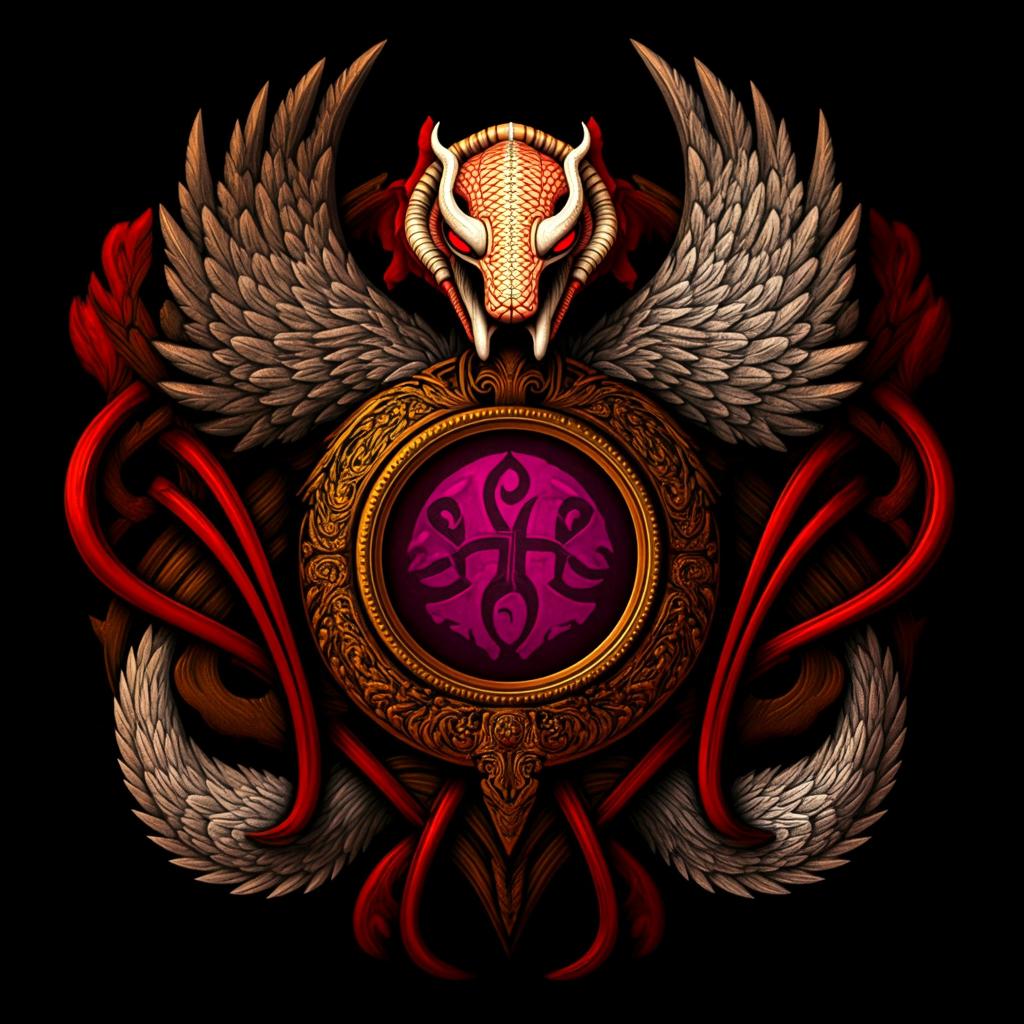 Modify the existing intricate crest symbol by changing the color of the demonic snake's skin from red to a rich gold hue