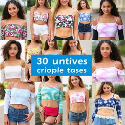 30 unique crop tops designed for girls, displayed on a diverse group of fashion models