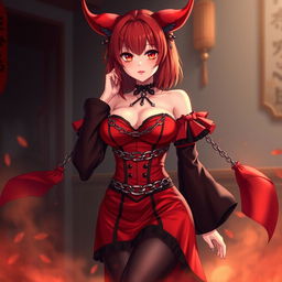 A seductive gothic anime girl, Kitsune, with shoulder-length red hair that beautifully frames her face