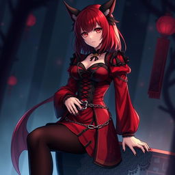 A seductive gothic anime girl, Kitsune, with shoulder-length red hair that beautifully frames her face