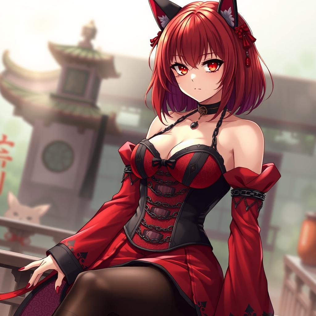 A seductive gothic anime girl, Kitsune, with shoulder-length red hair that beautifully frames her face