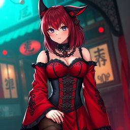 A seductive gothic anime girl, Kitsune, with shoulder-length red hair that beautifully frames her face