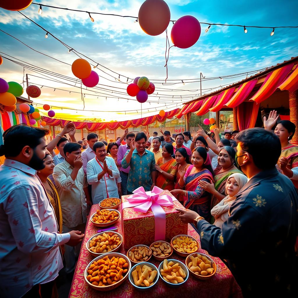 A vibrant and festive party scene where people are celebrating a traditional Sanda clash, with colorful decorations, balloons, and a large gift being presented as the highlight