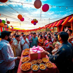 A vibrant and festive party scene where people are celebrating a traditional Sanda clash, with colorful decorations, balloons, and a large gift being presented as the highlight